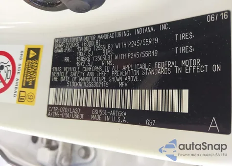 2016 Toyota Highlander Limited V6 z USA, uszkodzony, nr VIN 5TDDKRFH2GS302149